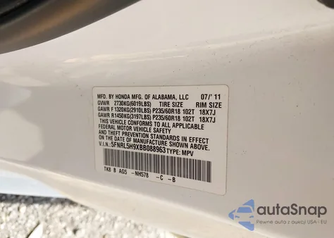 2011 Honda Odyssey Touring/Touring Elite from USA, damaged, VIN 5FNRL5H9XBB088963